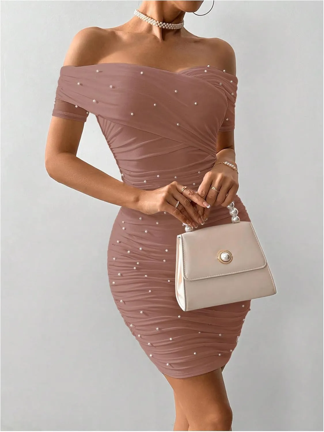 Floerns Women's Pearl Beaded Off Shoulder Short Dress Short Sleeve Bodycon Party Dresses