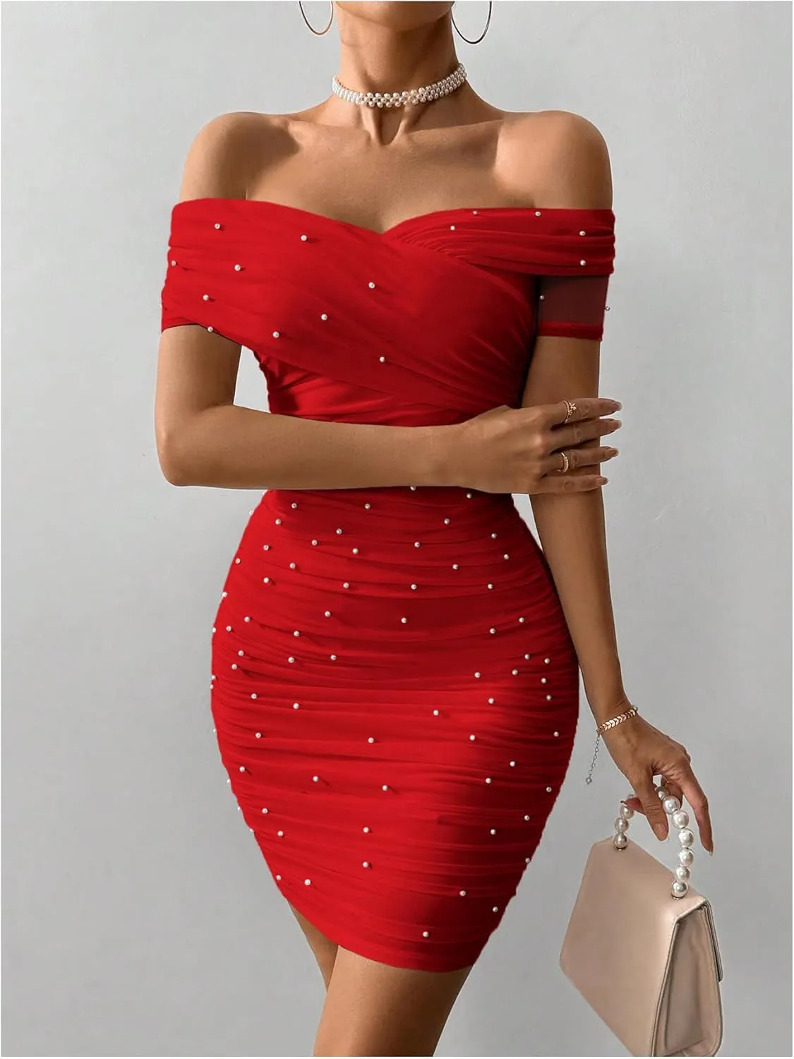 Floerns Women's Pearl Beaded Off Shoulder Short Dress Short Sleeve Bodycon Party Dresses