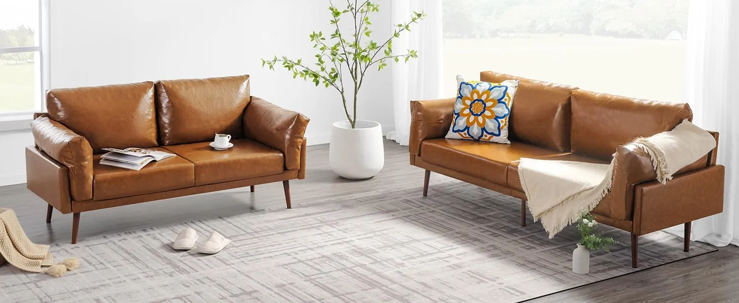 Flora Faux Leather Sofa, Caramel