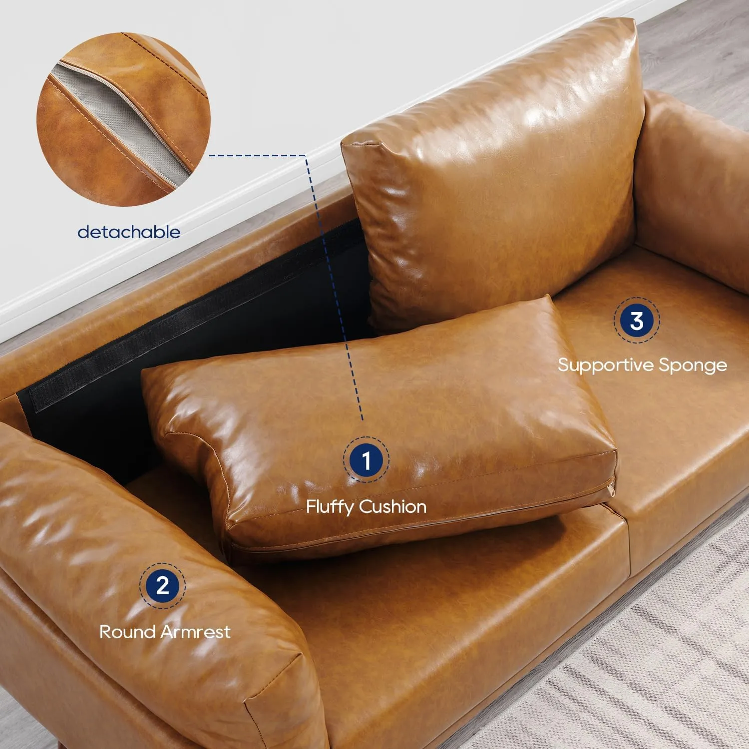 Flora Faux Leather Sofa, Caramel