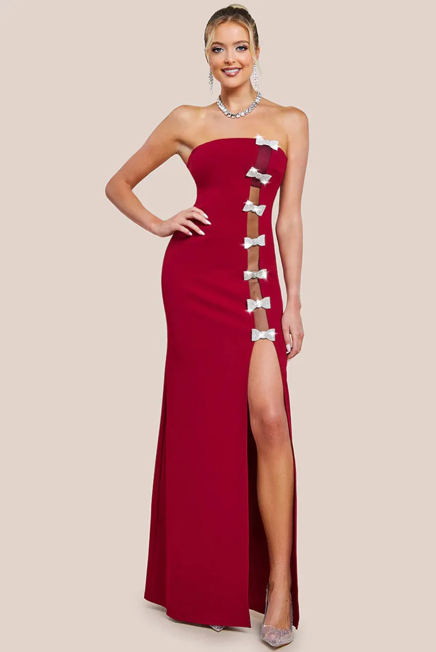 Goddiva Bow Embellished Strapless Mermaid Maxi Dress