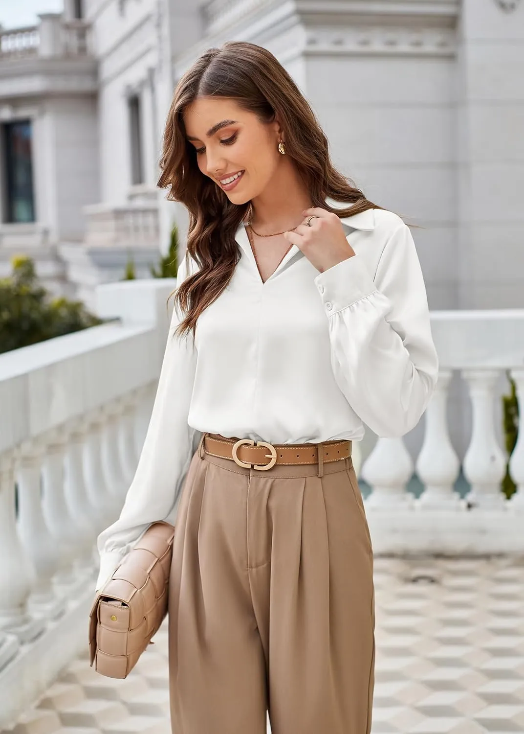GRACE KARIN Women's Satin Silk Blouse Lapel V Neck Long Sleeve Casual Work Blouse Shirts Pullover Tops