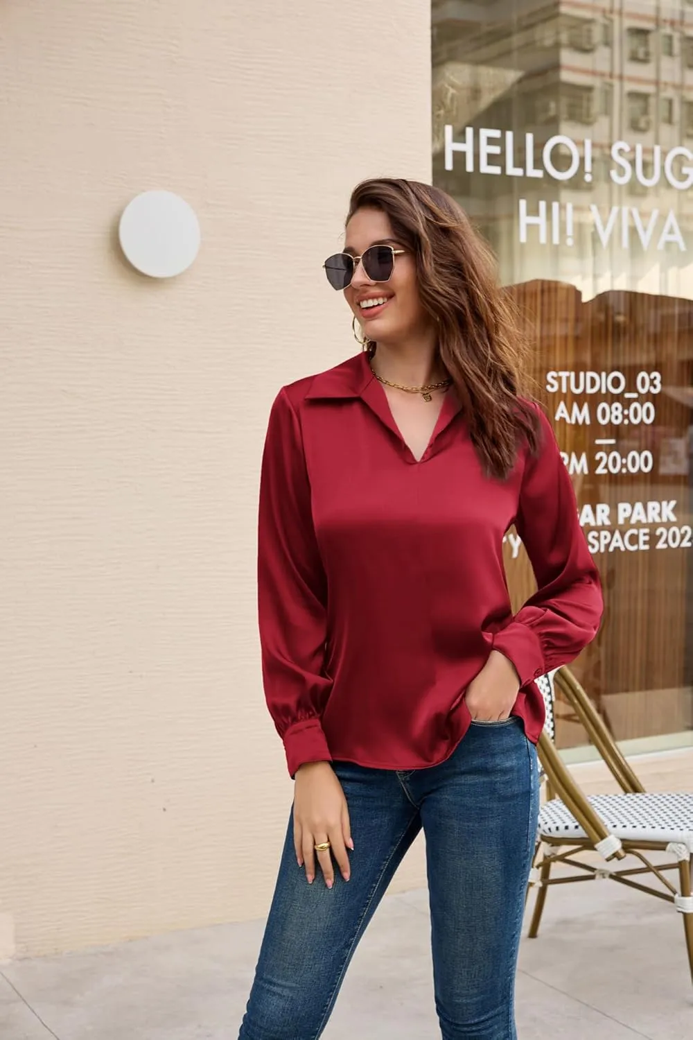 GRACE KARIN Women's Satin Silk Blouse Lapel V Neck Long Sleeve Casual Work Blouse Shirts Pullover Tops