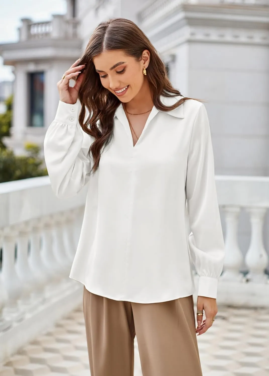 GRACE KARIN Women's Satin Silk Blouse Lapel V Neck Long Sleeve Casual Work Blouse Shirts Pullover Tops