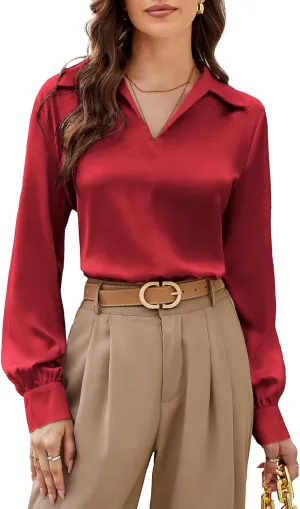 GRACE KARIN Women's Satin Silk Blouse Lapel V Neck Long Sleeve Casual Work Blouse Shirts Pullover Tops
