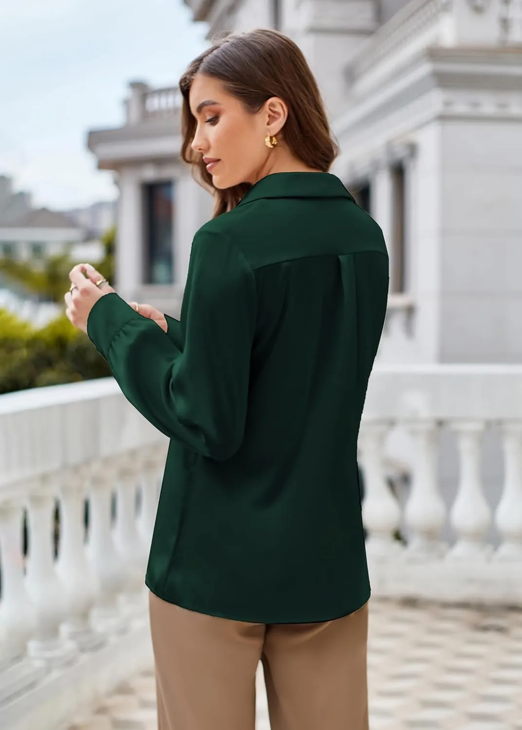 GRACE KARIN Women's Satin Silk Blouse Lapel V Neck Long Sleeve Casual Work Blouse Shirts Pullover Tops
