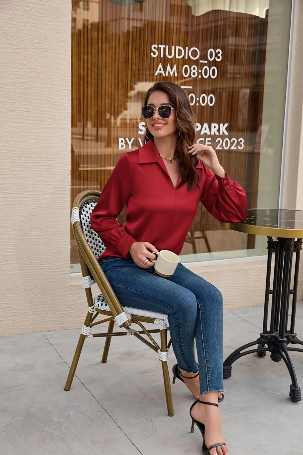 GRACE KARIN Women's Satin Silk Blouse Lapel V Neck Long Sleeve Casual Work Blouse Shirts Pullover Tops