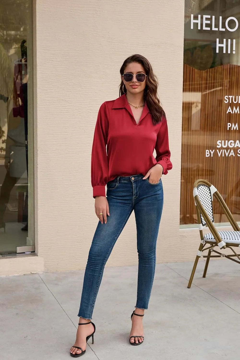 GRACE KARIN Women's Satin Silk Blouse Lapel V Neck Long Sleeve Casual Work Blouse Shirts Pullover Tops