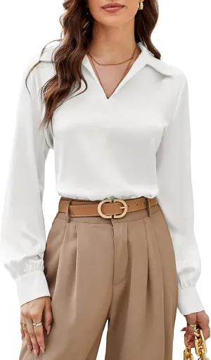 GRACE KARIN Women's Satin Silk Blouse Lapel V Neck Long Sleeve Casual Work Blouse Shirts Pullover Tops