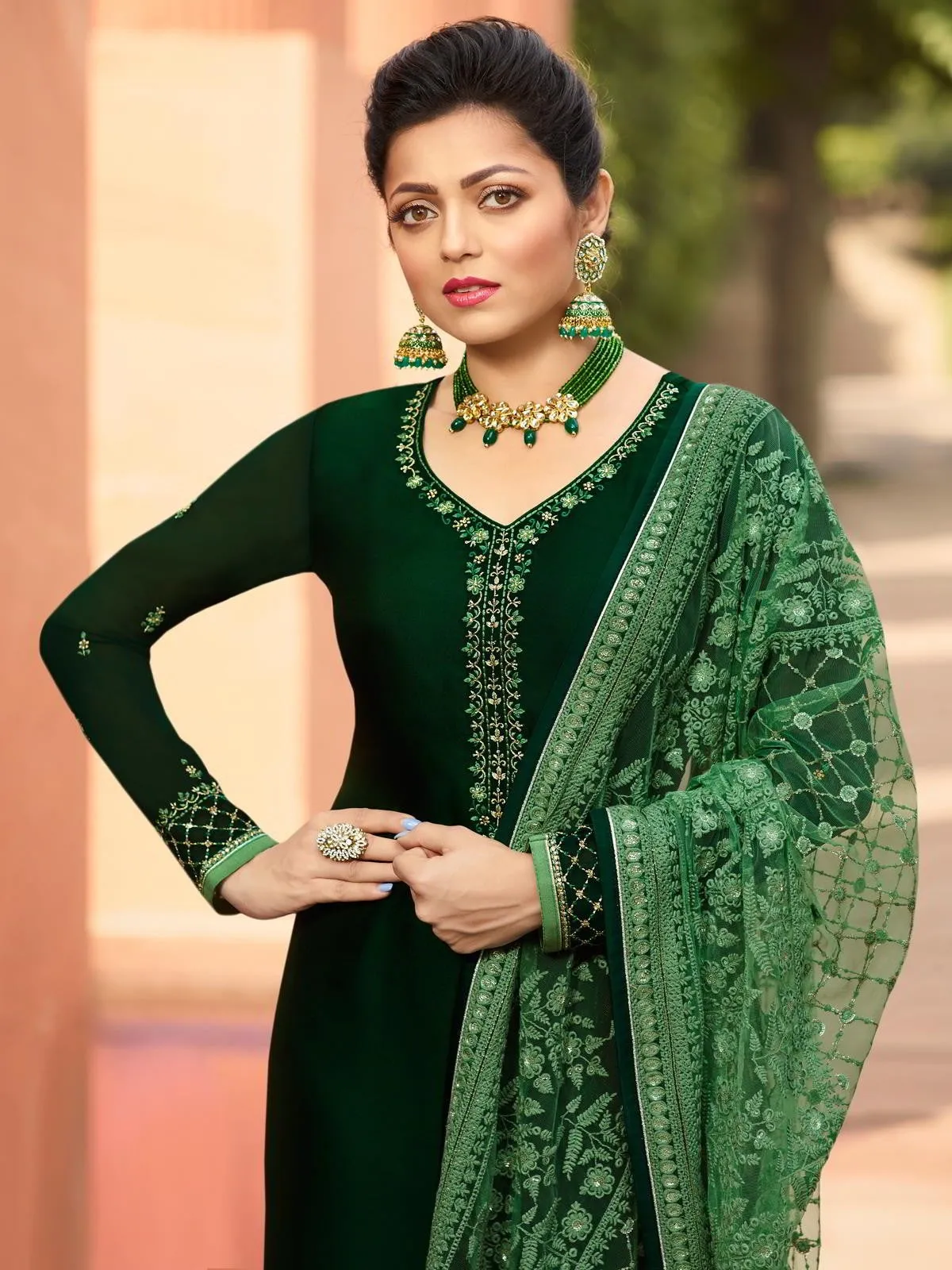 Green In Combination Traditional Embroidered Churidar Suit