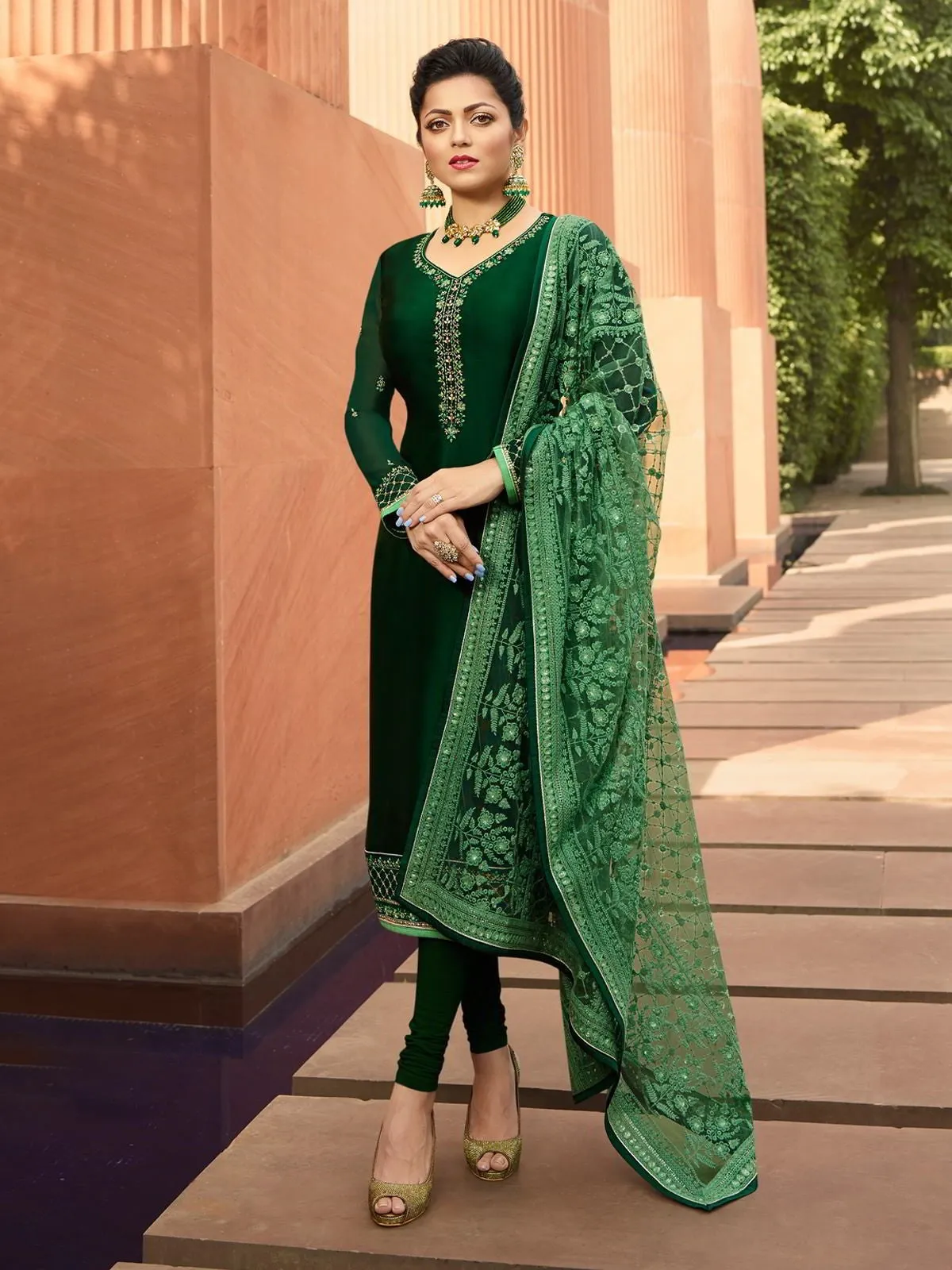 Green In Combination Traditional Embroidered Churidar Suit