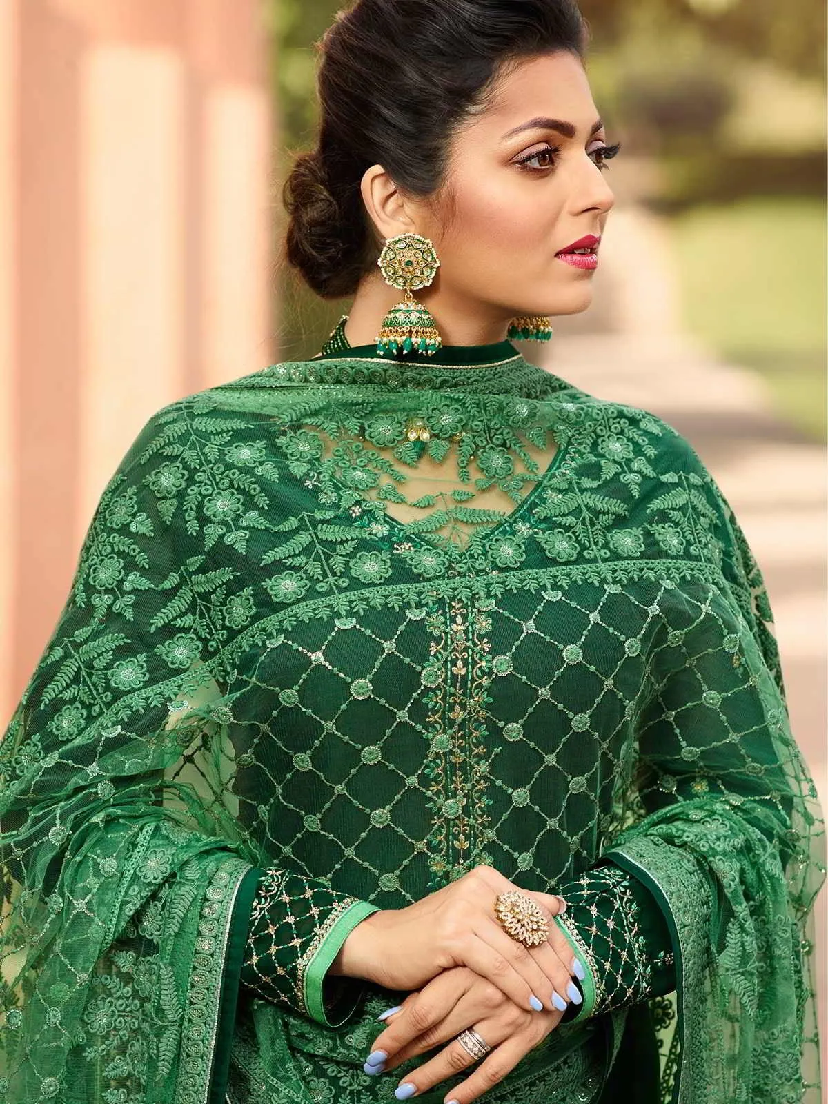 Green In Combination Traditional Embroidered Churidar Suit