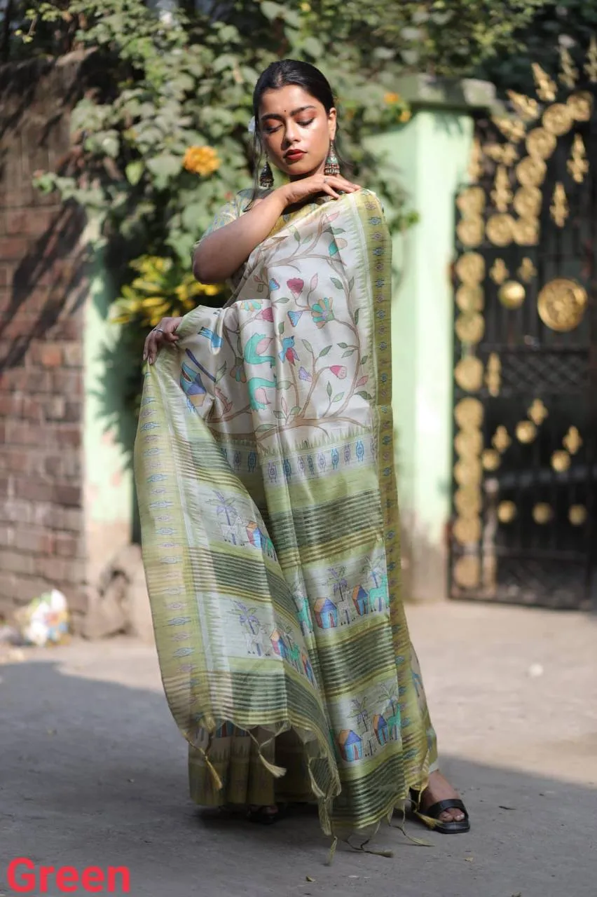 Green Soft Tusser Silk Saree