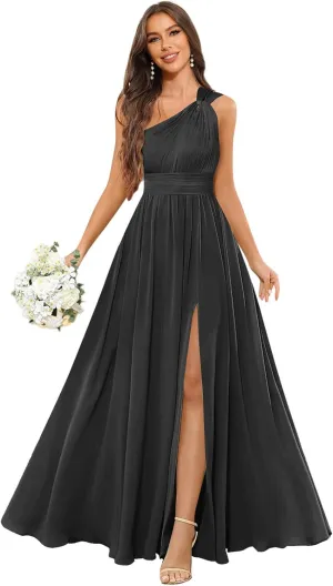 GUKARLEED Womens Long One Shoulder Bridesmaid Dresses Wrap Ruffles Chiffon A-line Wedding Guest Dress Formal Dress with Slit
