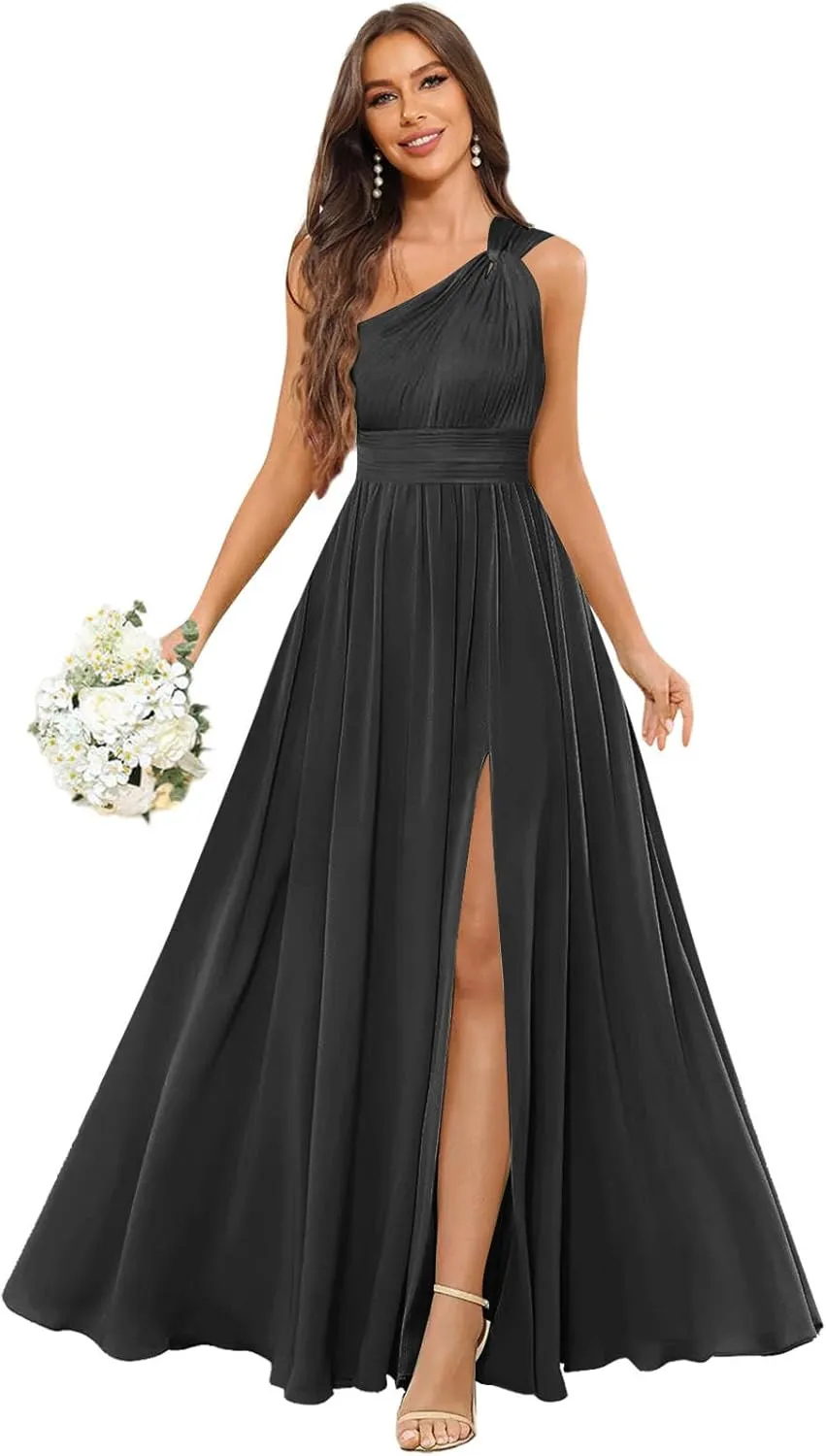 GUKARLEED Womens Long One Shoulder Bridesmaid Dresses Wrap Ruffles Chiffon A-line Wedding Guest Dress Formal Dress with Slit