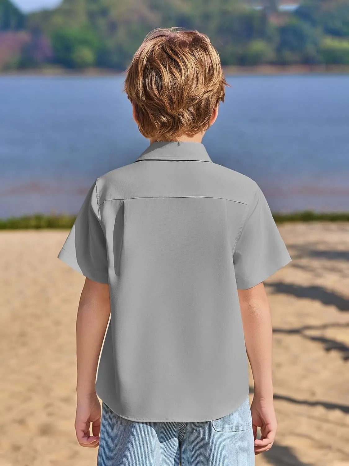 Haloumoning Boys Short Sleeve Dress Shirts Kids Summer School Uniform Button Down Shirt 5-14 Years