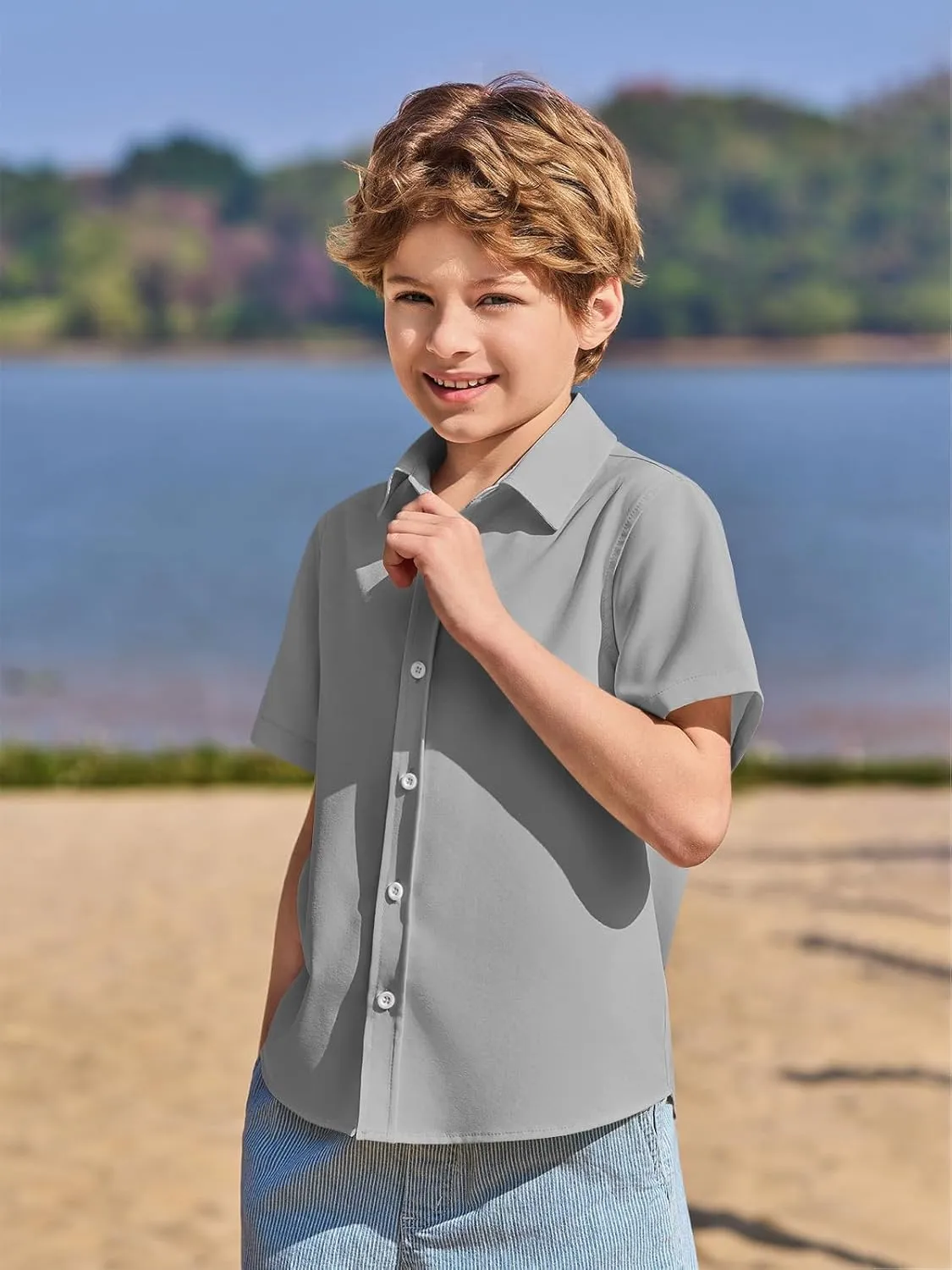 Haloumoning Boys Short Sleeve Dress Shirts Kids Summer School Uniform Button Down Shirt 5-14 Years