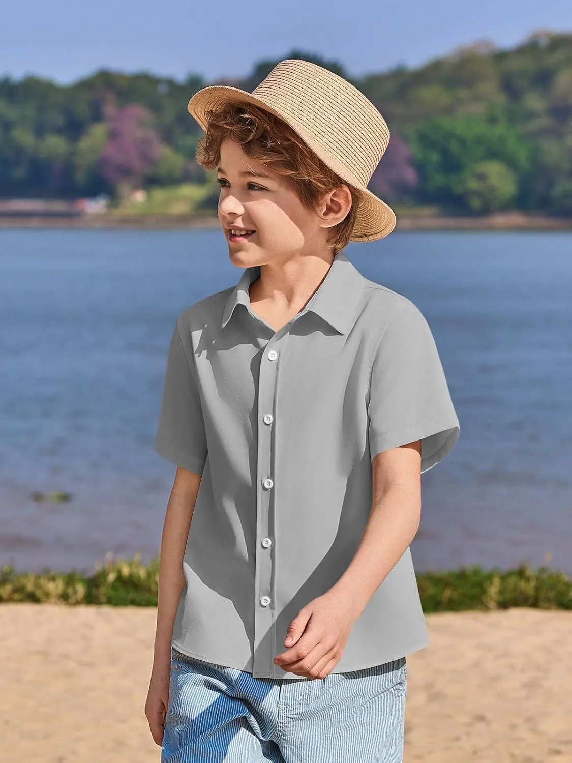 Haloumoning Boys Short Sleeve Dress Shirts Kids Summer School Uniform Button Down Shirt 5-14 Years