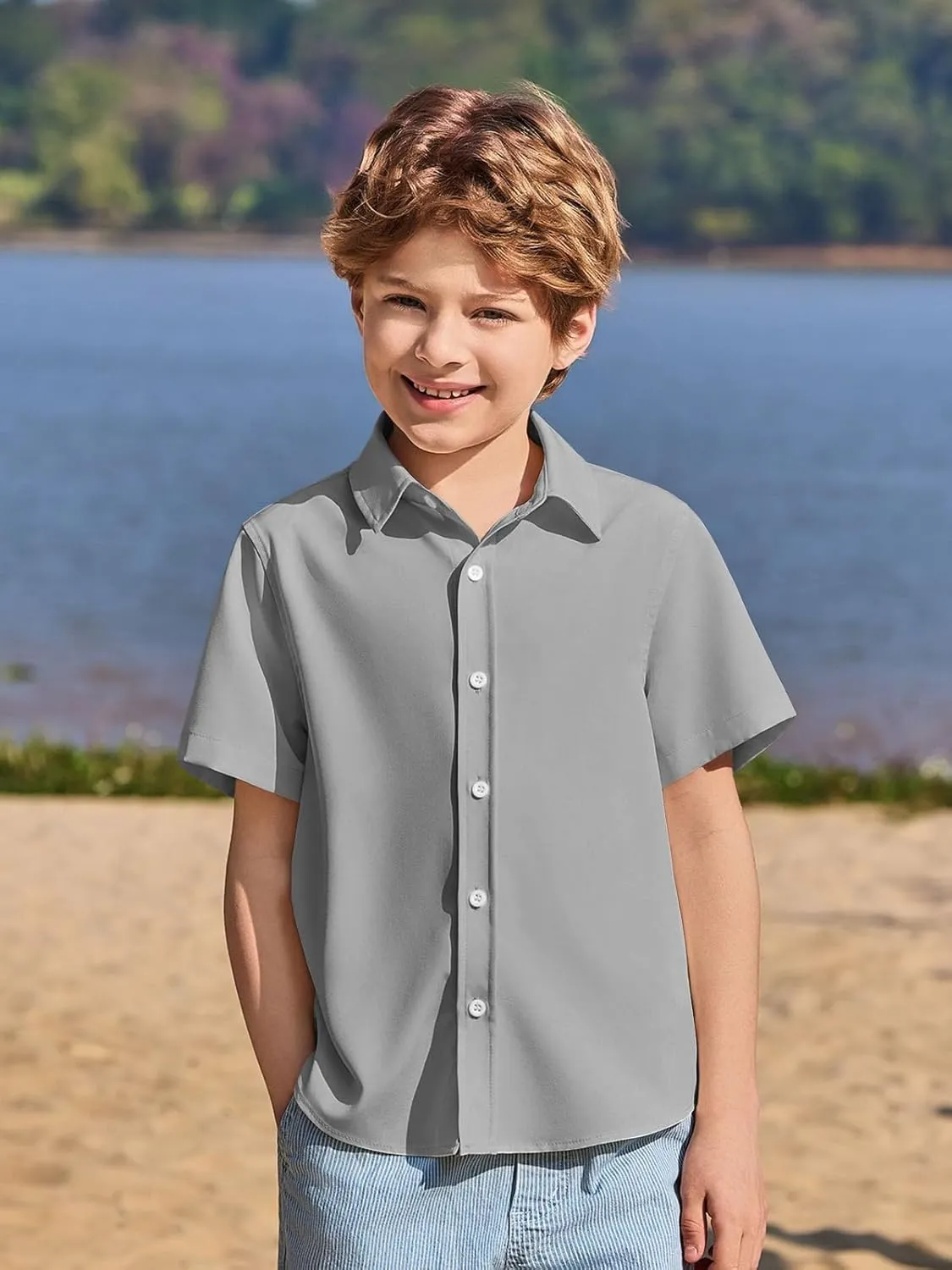 Haloumoning Boys Short Sleeve Dress Shirts Kids Summer School Uniform Button Down Shirt 5-14 Years