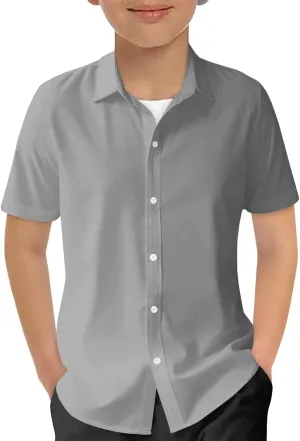 Haloumoning Boys Short Sleeve Dress Shirts Kids Summer School Uniform Button Down Shirt 5-14 Years