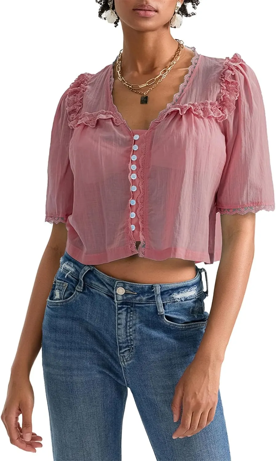Hassembly Women Summer Cute Chiffon Shirt Low Cut V-Neck Short Sleeve Ruffle Trim Blouse Y2K Going Out Button Down Mesh Shirt
