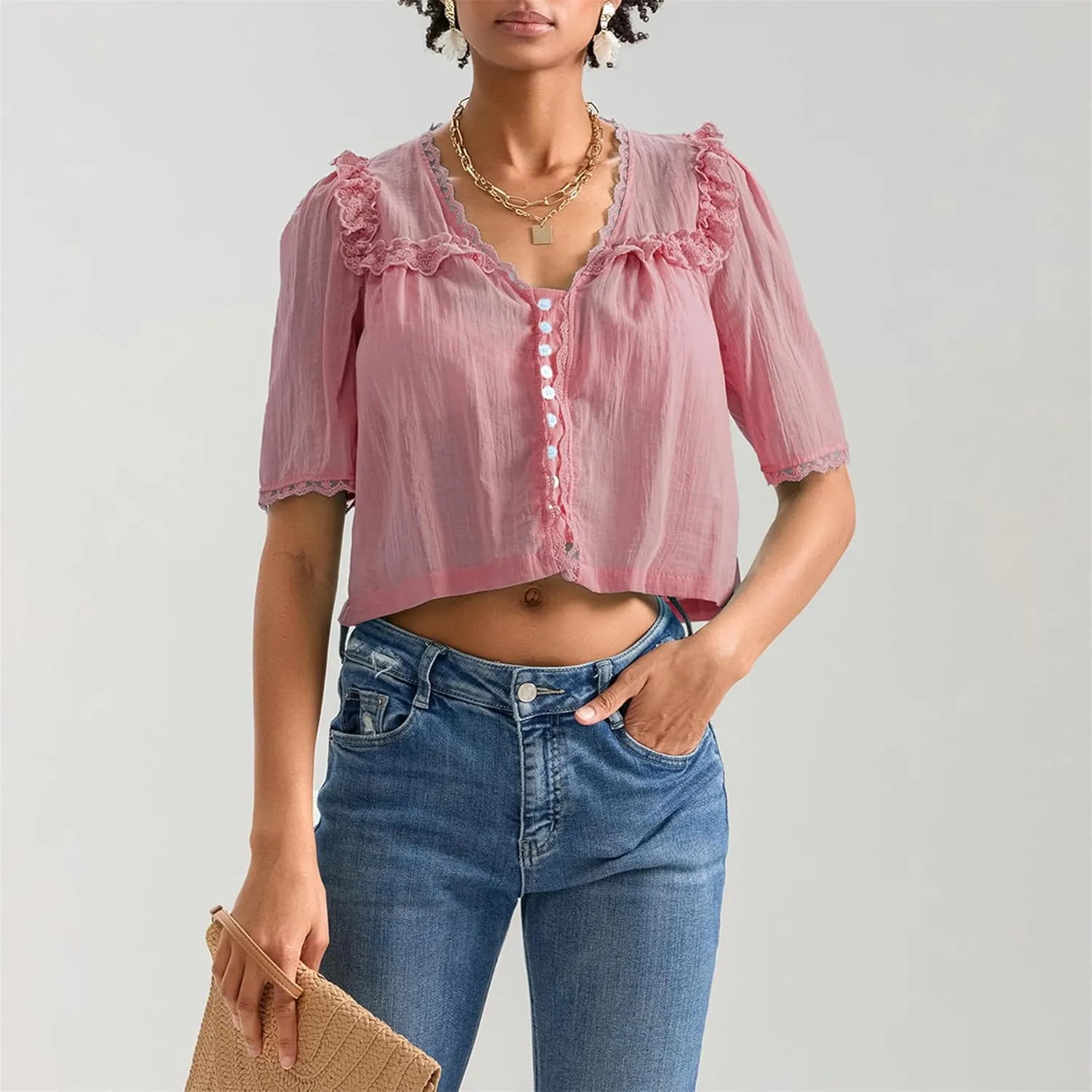 Hassembly Women Summer Cute Chiffon Shirt Low Cut V-Neck Short Sleeve Ruffle Trim Blouse Y2K Going Out Button Down Mesh Shirt