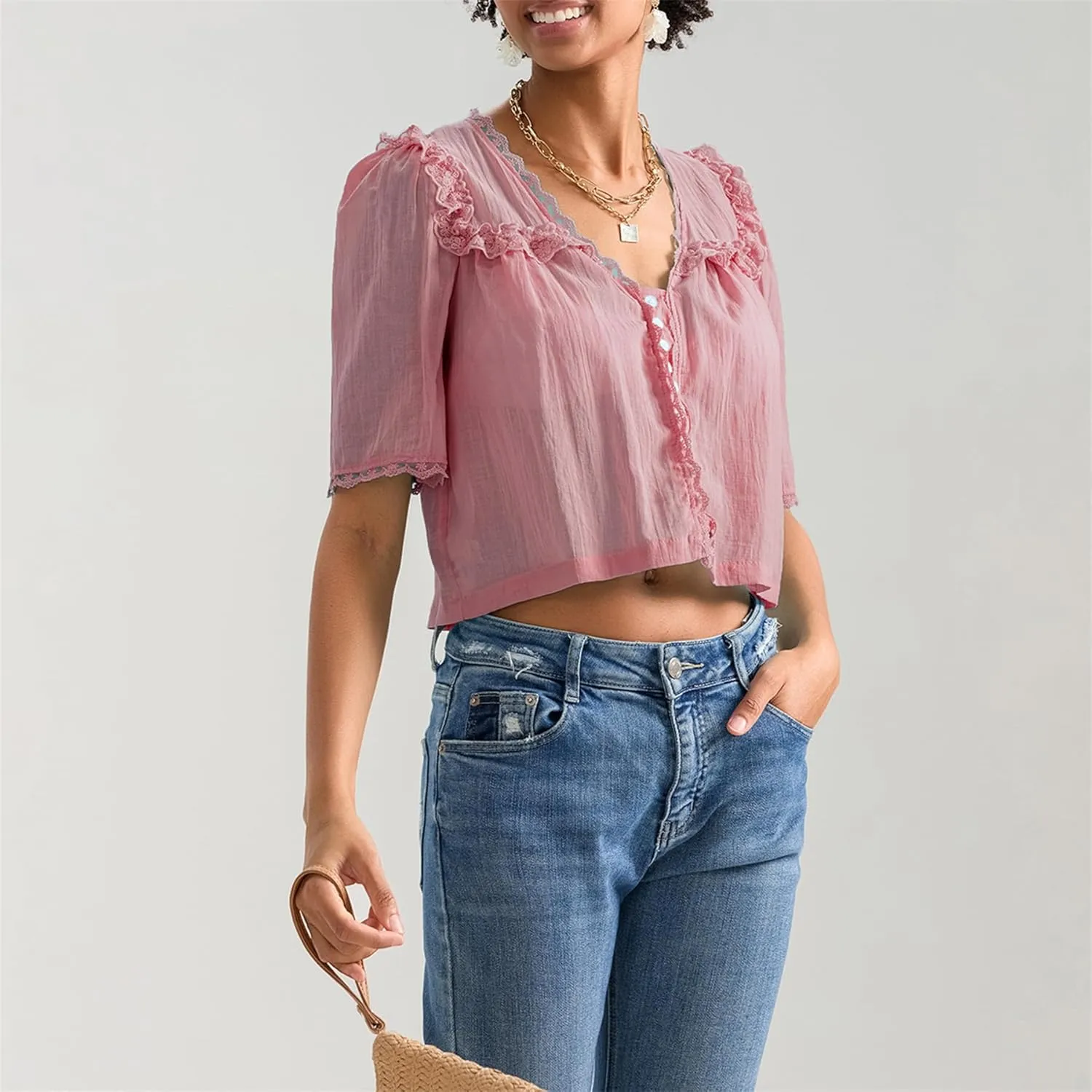 Hassembly Women Summer Cute Chiffon Shirt Low Cut V-Neck Short Sleeve Ruffle Trim Blouse Y2K Going Out Button Down Mesh Shirt