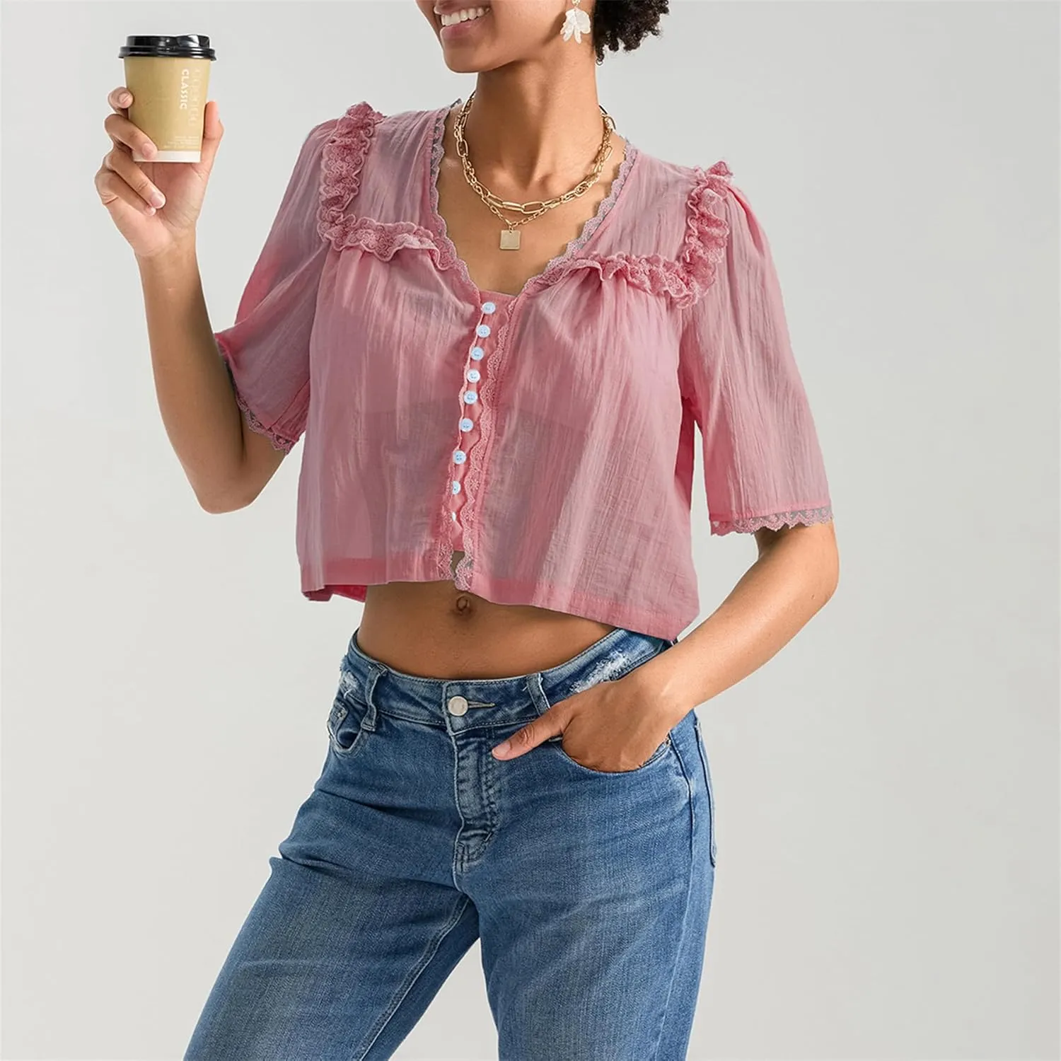 Hassembly Women Summer Cute Chiffon Shirt Low Cut V-Neck Short Sleeve Ruffle Trim Blouse Y2K Going Out Button Down Mesh Shirt