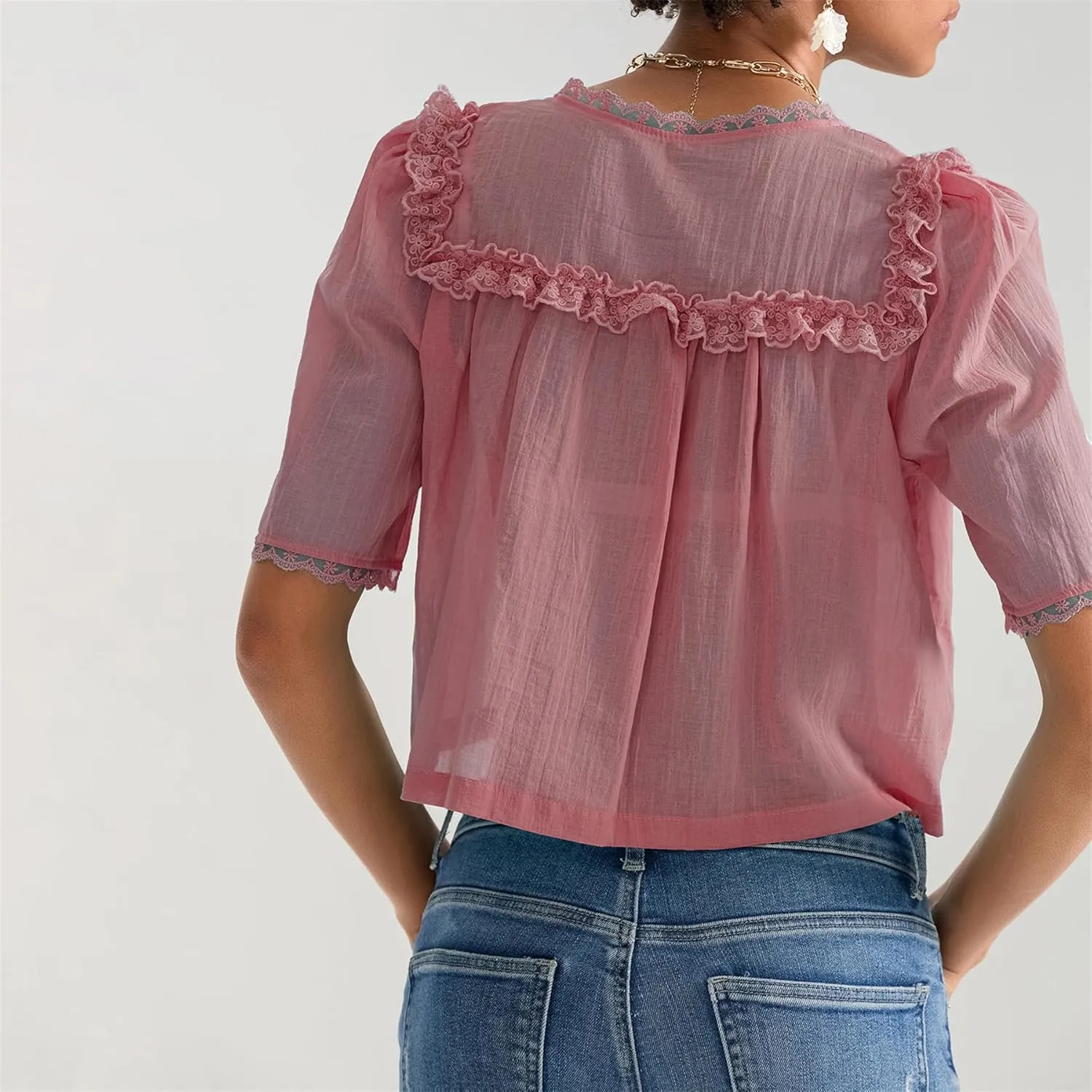 Hassembly Women Summer Cute Chiffon Shirt Low Cut V-Neck Short Sleeve Ruffle Trim Blouse Y2K Going Out Button Down Mesh Shirt