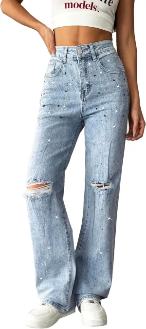 heipeiwa Women's Rhinestone Jeans Straight Leg Ripped Denim Pants High Waist Sparkle Shiny Sequin Trouser