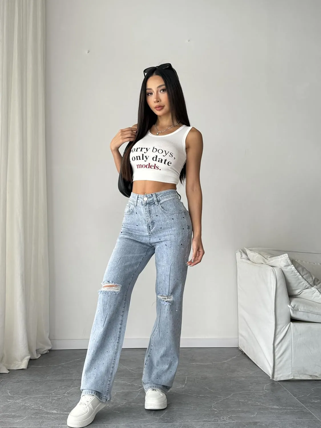 heipeiwa Women's Rhinestone Jeans Straight Leg Ripped Denim Pants High Waist Sparkle Shiny Sequin Trouser