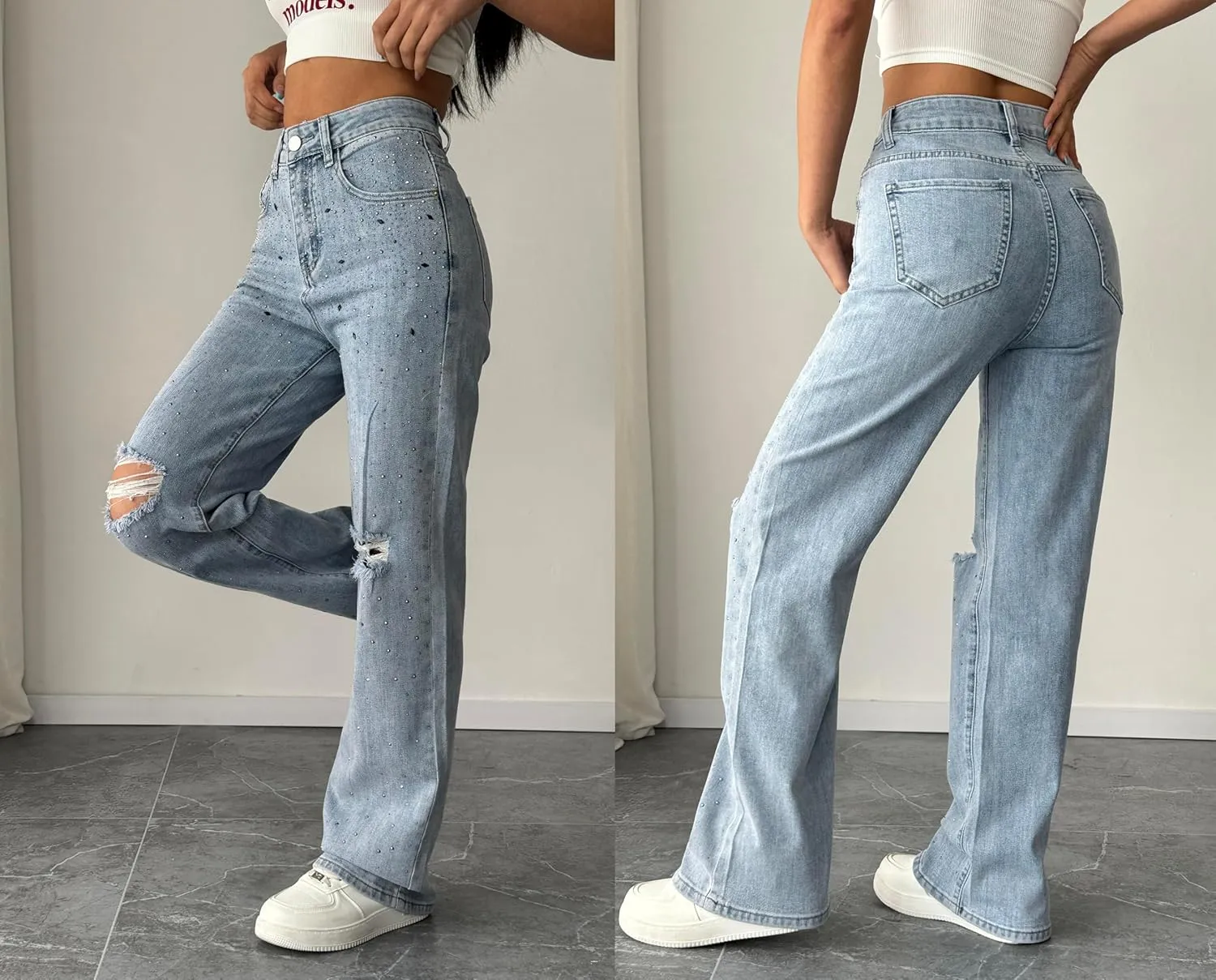 heipeiwa Women's Rhinestone Jeans Straight Leg Ripped Denim Pants High Waist Sparkle Shiny Sequin Trouser