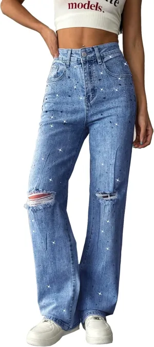 heipeiwa Women's Rhinestone Jeans Straight Leg Ripped Denim Pants High Waist Sparkle Shiny Sequin Trouser