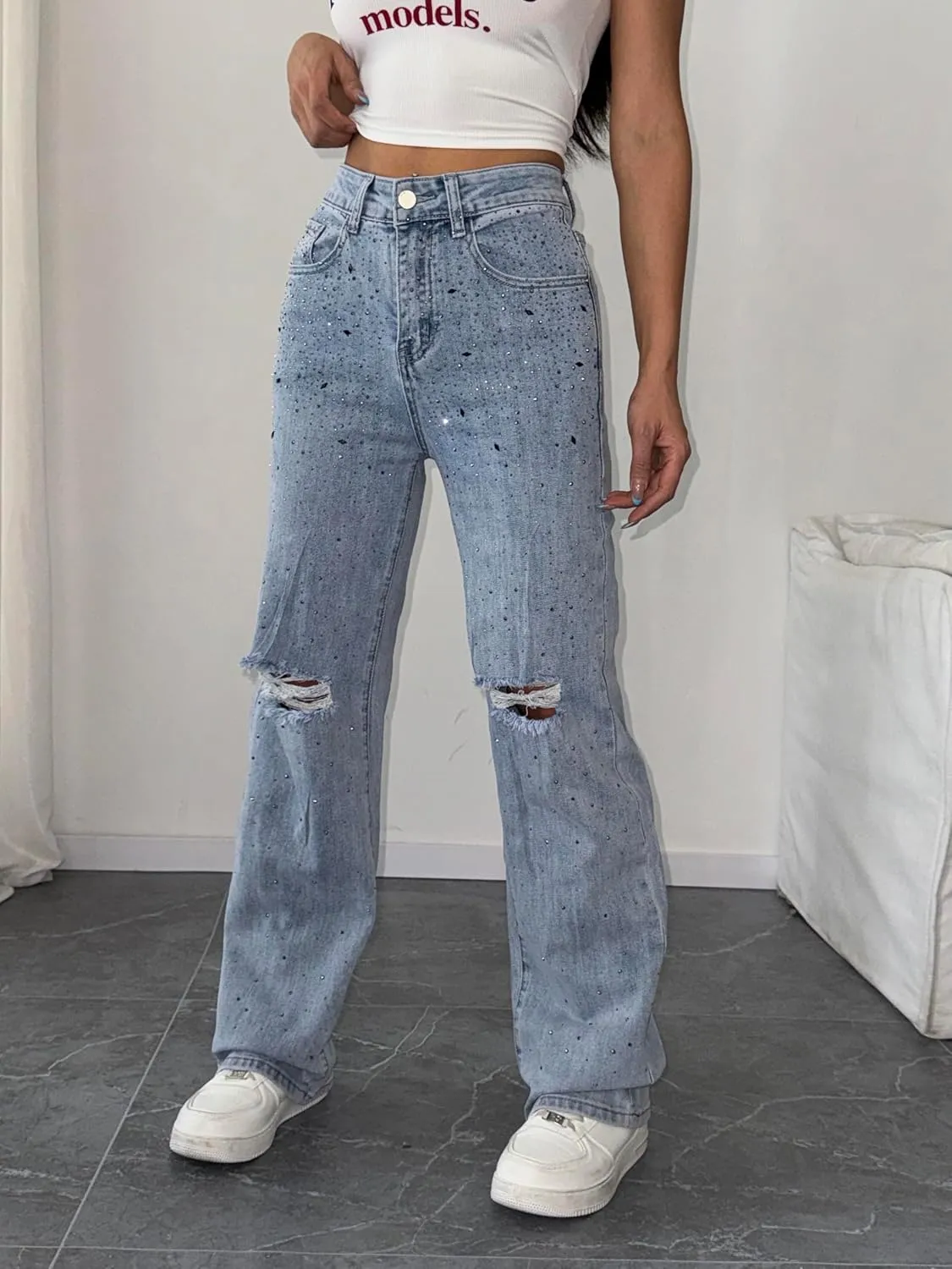 heipeiwa Women's Rhinestone Jeans Straight Leg Ripped Denim Pants High Waist Sparkle Shiny Sequin Trouser