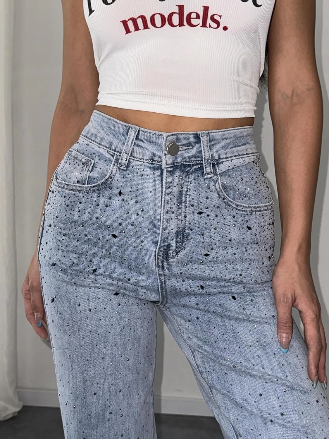 heipeiwa Women's Rhinestone Jeans Straight Leg Ripped Denim Pants High Waist Sparkle Shiny Sequin Trouser