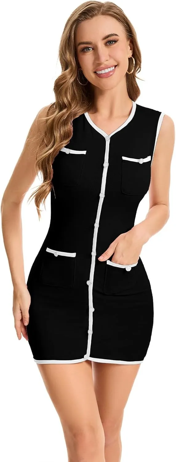 hibshaby Summer Dresses for Women 2025 Sleeveless Mini Dress Button Color Block Knit Bodycon Party Short Dress with Pockets