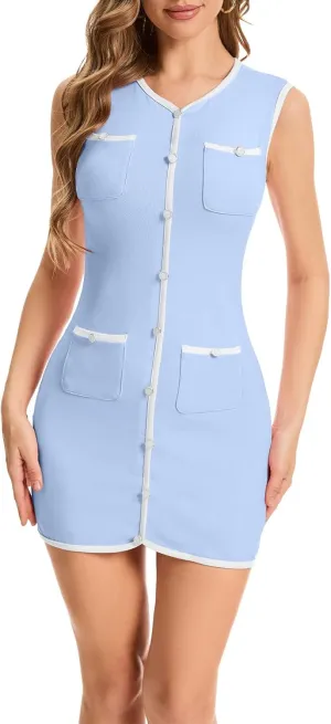 hibshaby Summer Dresses for Women 2025 Sleeveless Mini Dress Button Color Block Knit Bodycon Party Short Dress with Pockets