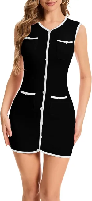 hibshaby Summer Dresses for Women 2025 Sleeveless Mini Dress Button Color Block Knit Bodycon Party Short Dress with Pockets