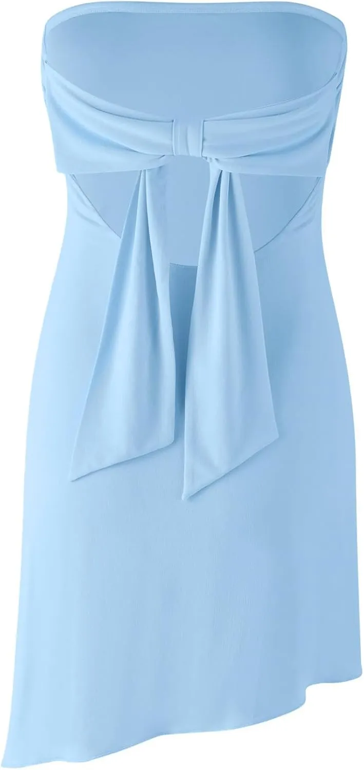 HYPERFIRE Women's Summer Strapless Tube Mini Dress Asymmetrical Slit Cut Out Back Dresses Cocktail