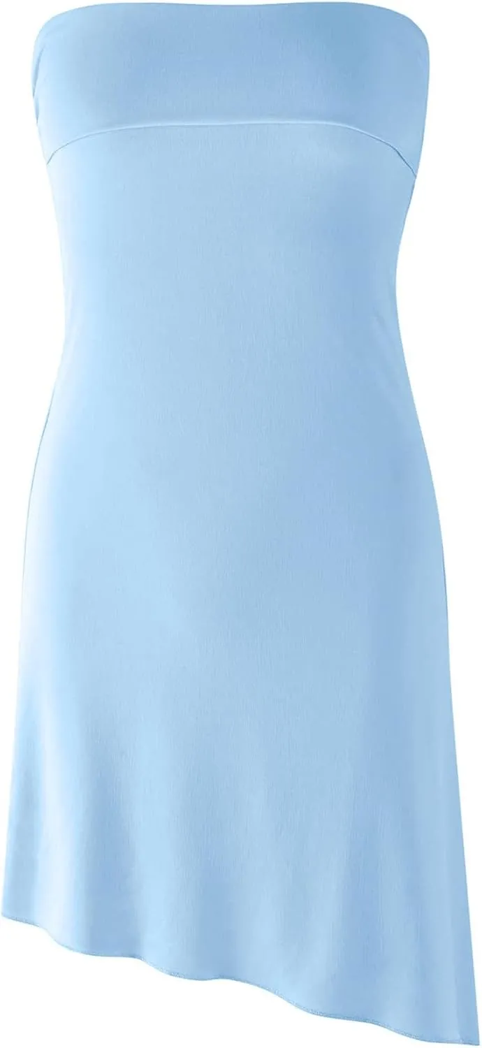 HYPERFIRE Women's Summer Strapless Tube Mini Dress Asymmetrical Slit Cut Out Back Dresses Cocktail