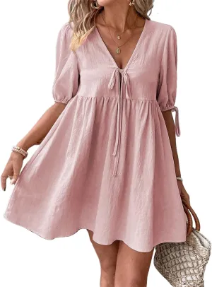 IDEALSANXUN Linen Dresses for Women 2025 Spring Summer Beach Tie Front V Neck Short Sleeve A Line Flowy Mini Sundress