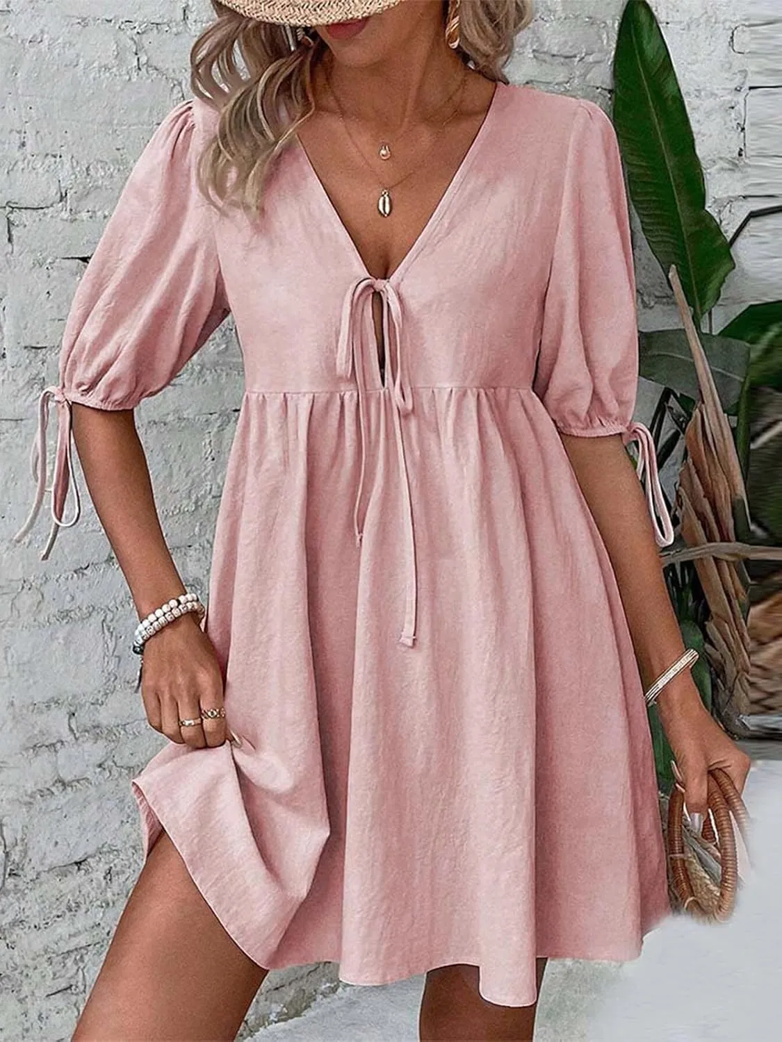 IDEALSANXUN Linen Dresses for Women 2025 Spring Summer Beach Tie Front V Neck Short Sleeve A Line Flowy Mini Sundress