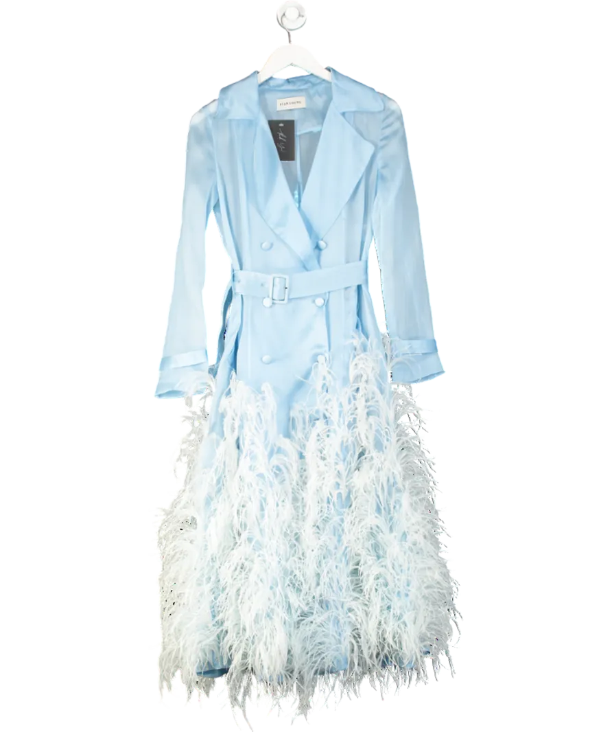 Ivan Young Blue Silk Gazar Ostrich Feathers Embellished Trench Coat UK 8
