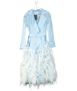 Ivan Young Blue Silk Gazar Ostrich Feathers Embellished Trench Coat UK 8