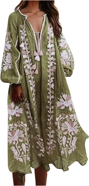Kaftan Dresses for Women Elegant Puff Sleeve Swimsuit Beach Cover up Boho Vintage Loose Fit Flowy Caftan Dress