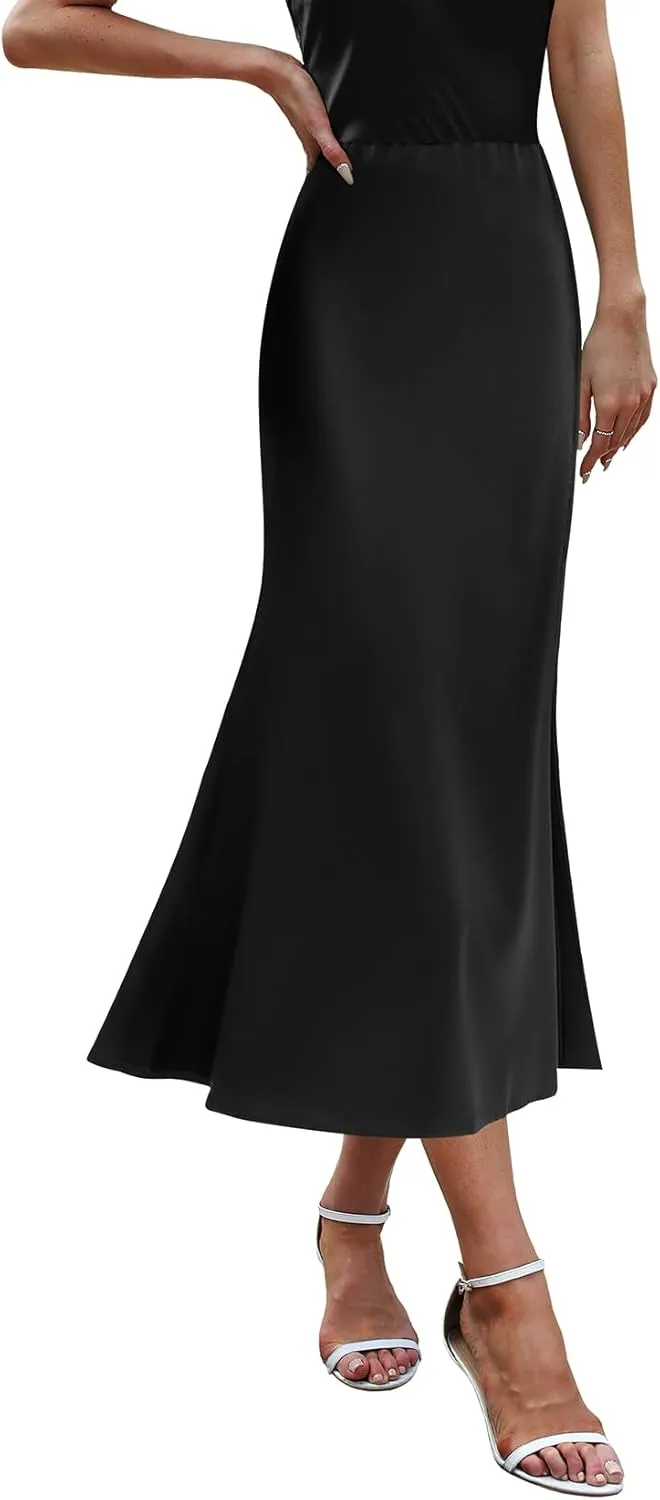 Komorebi Satin Skirt for Women High Waist Midi Skirt Elegant Silk Skirts Summer Casual Flared A Line Skirts