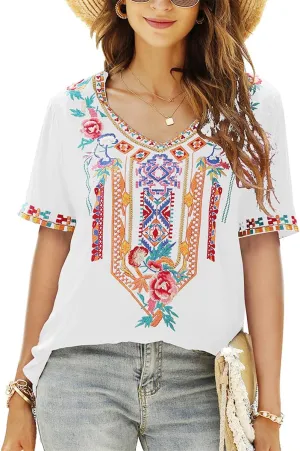 LauraKlein Womens Mexican Embroidered Tops for Women Boho Blouse for Women Summer Short Sleeve Floral Hippie Shirts Tunics