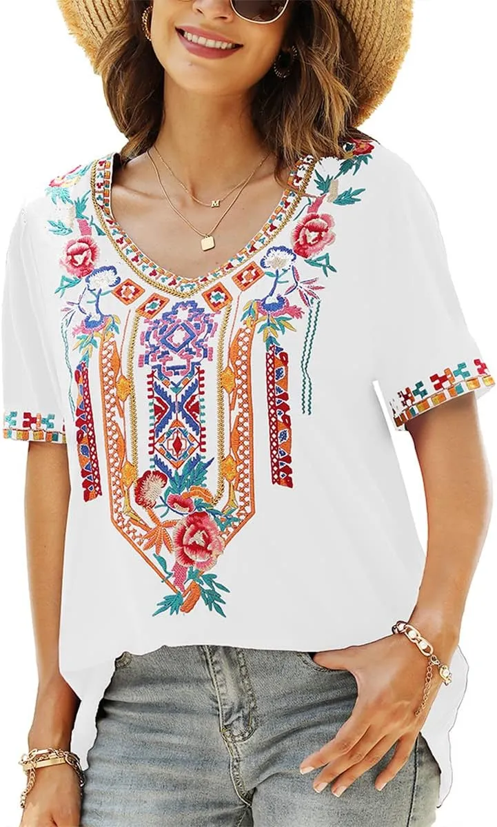 LauraKlein Womens Mexican Embroidered Tops for Women Boho Blouse for Women Summer Short Sleeve Floral Hippie Shirts Tunics