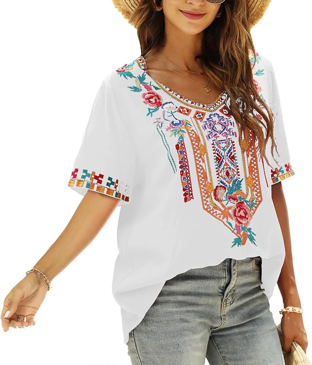 LauraKlein Womens Mexican Embroidered Tops for Women Boho Blouse for Women Summer Short Sleeve Floral Hippie Shirts Tunics