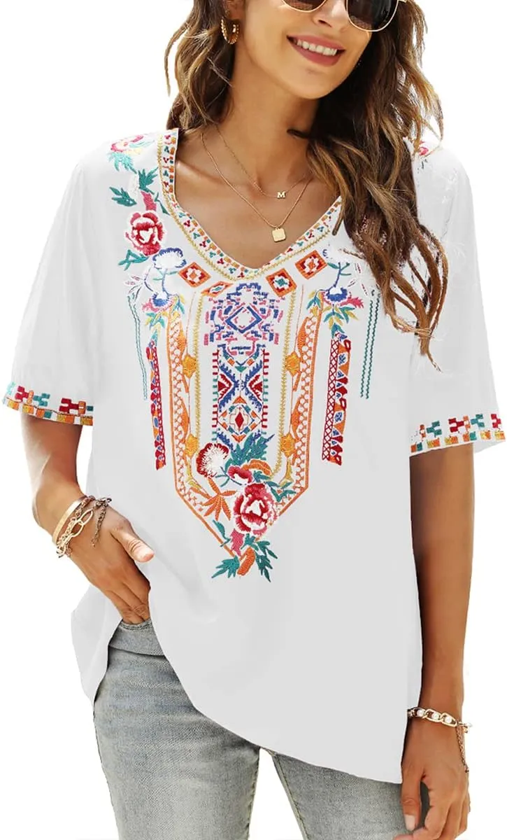 LauraKlein Womens Mexican Embroidered Tops for Women Boho Blouse for Women Summer Short Sleeve Floral Hippie Shirts Tunics